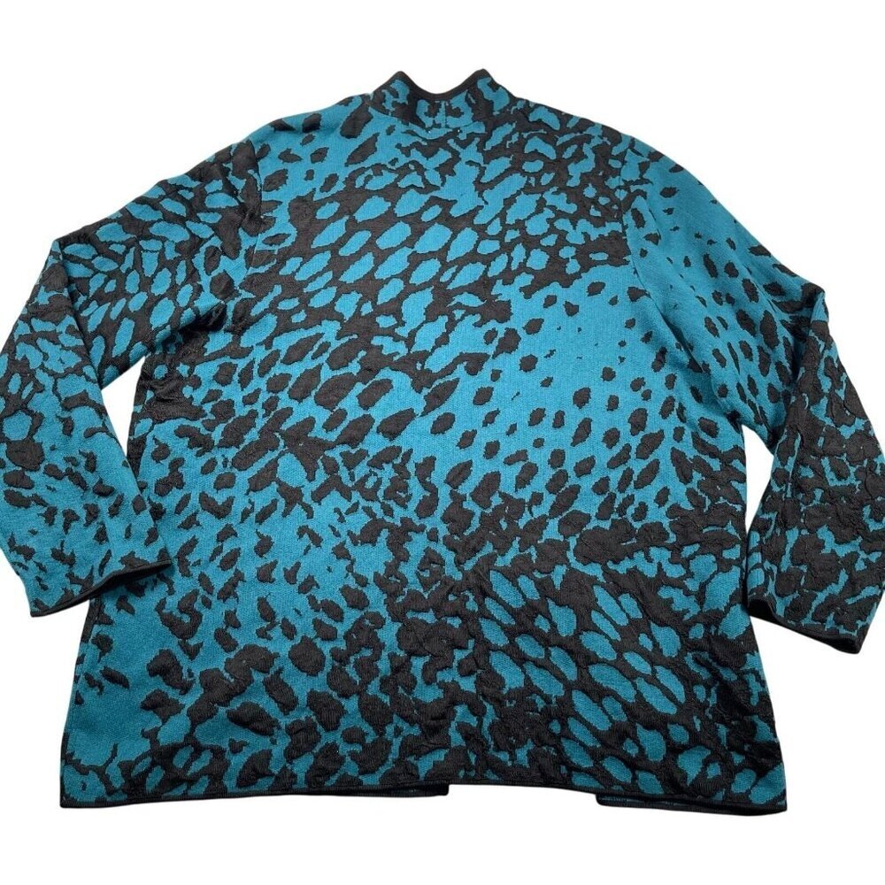 NWOT Chico's Teal & Black Jacquard Open-Front Cardigan Sweater 2 / L - Picture 8 of 14